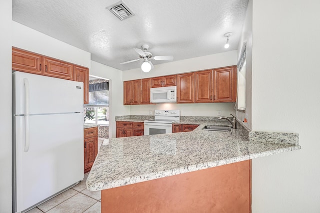 kitchen featuring kitchen peninsula, a textured ceiling, white appliances, and ceiling fan