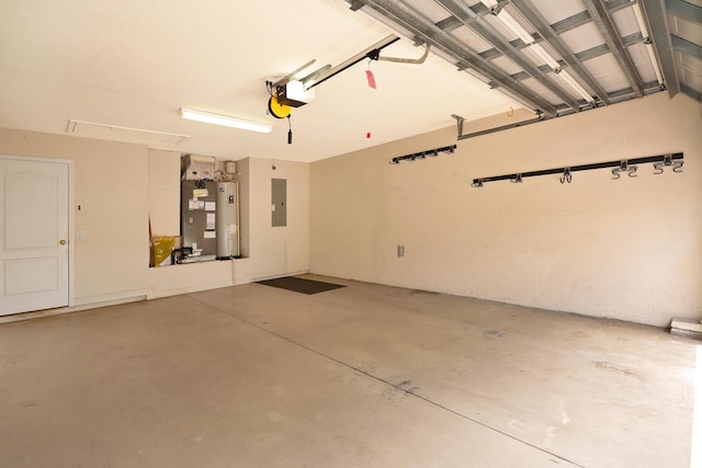 garage with a garage door opener, electric panel, and heating unit