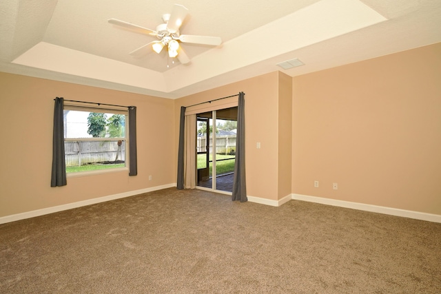 carpeted spare room featuring a raised ceiling, a wealth of natural light, and ceiling fan