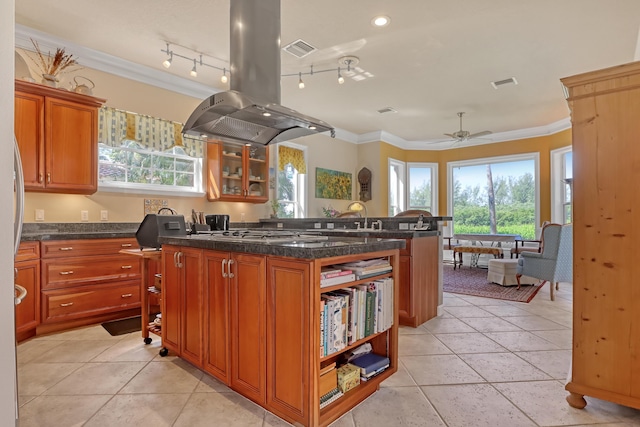 kitchen with island range hood, plenty of natural light, a kitchen island, and ornamental molding