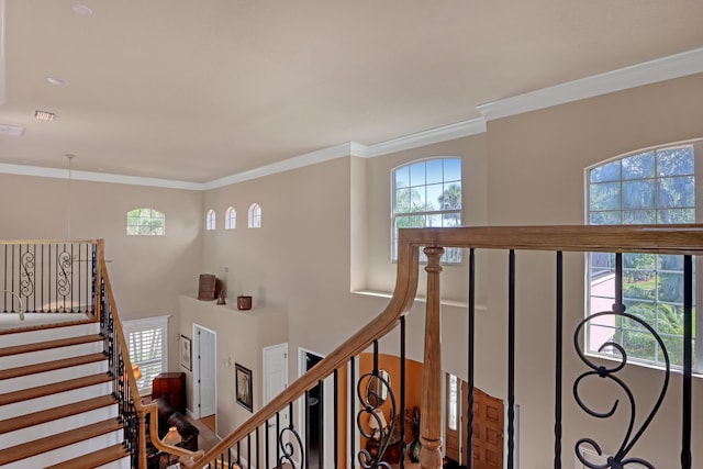 stairs featuring crown molding