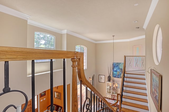 stairway with hardwood / wood-style floors and crown molding