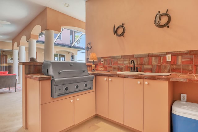 kitchen featuring backsplash, sink, and light carpet