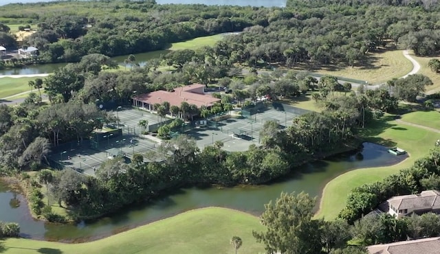 bird's eye view with a water view