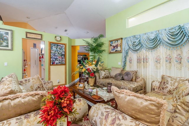 living room featuring lofted ceiling