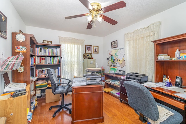 office area featuring ceiling fan and light wood-type flooring