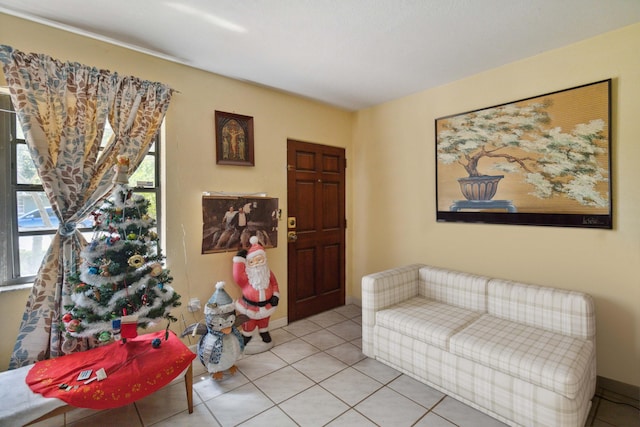 living room featuring light tile patterned flooring