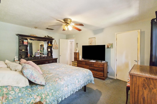 bedroom featuring light carpet and ceiling fan