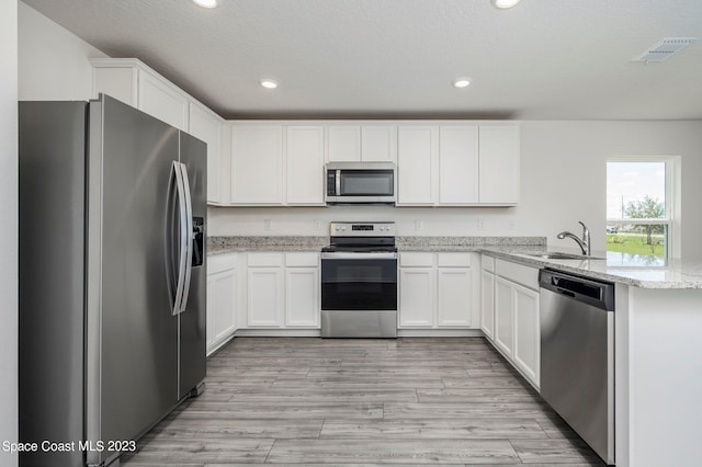 kitchen with appliances with stainless steel finishes, sink, white cabinets, kitchen peninsula, and light stone countertops