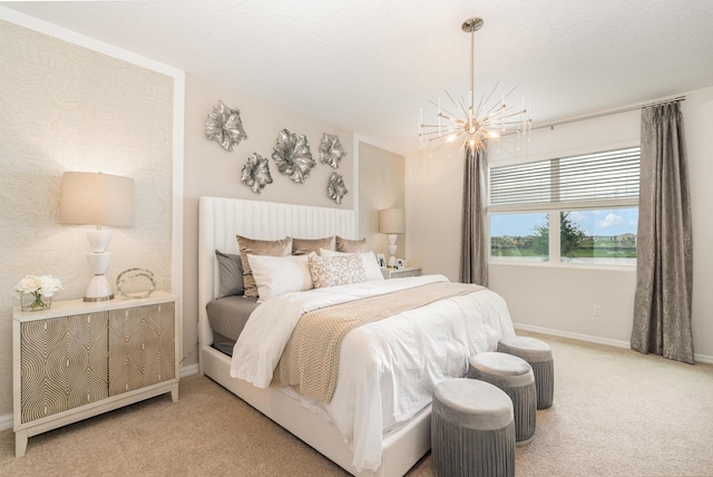 carpeted bedroom with a textured ceiling and an inviting chandelier