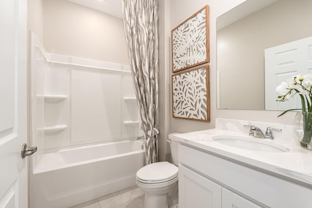 full bathroom with tile patterned flooring, vanity, shower / tub combo with curtain, and toilet