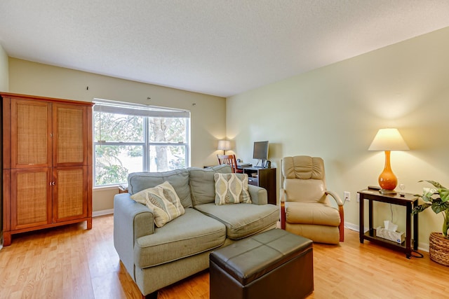 living room with a textured ceiling and light hardwood / wood-style floors