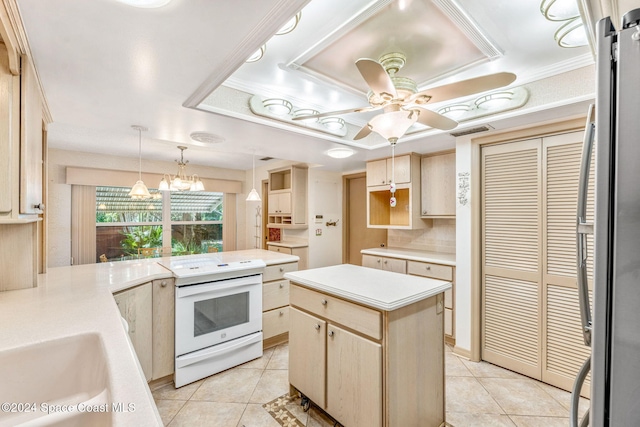 kitchen featuring white range with electric stovetop, a center island, light tile patterned floors, light brown cabinetry, and ceiling fan with notable chandelier