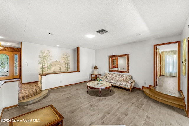 living area with a textured ceiling and light hardwood / wood-style flooring