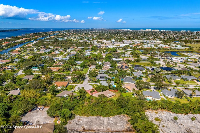 drone / aerial view featuring a water view