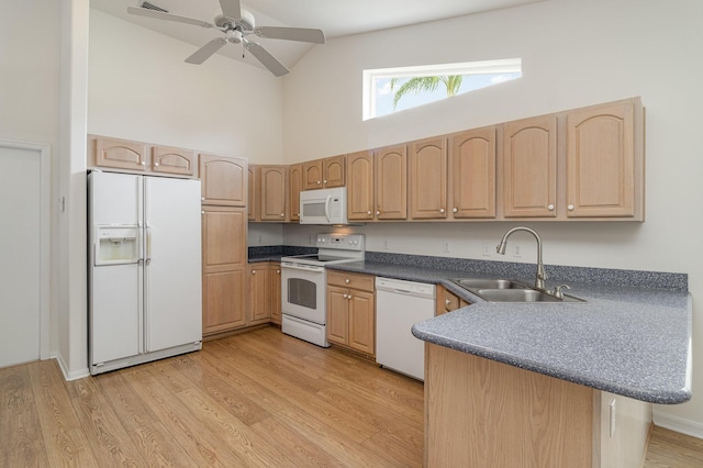 kitchen with high vaulted ceiling, sink, ceiling fan, light hardwood / wood-style floors, and white appliances