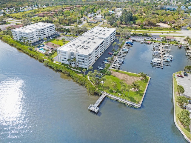 drone / aerial view with a water view