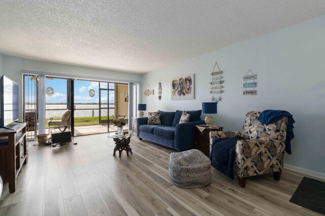 living room featuring a textured ceiling and light hardwood / wood-style flooring