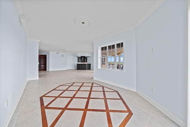 unfurnished living room with crown molding and light tile patterned flooring