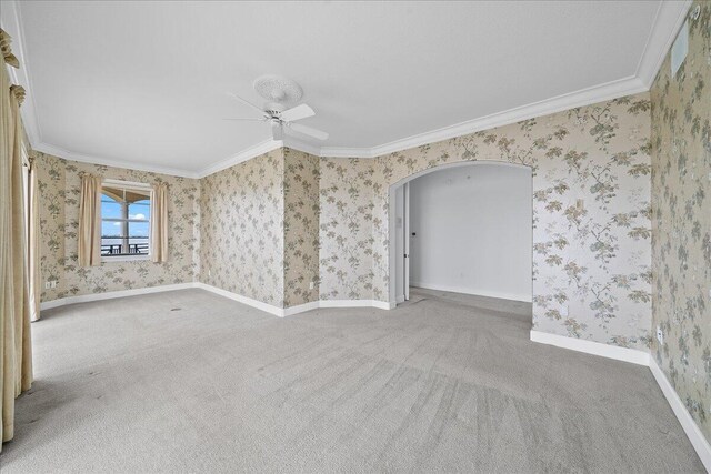 unfurnished room featuring ornamental molding, ceiling fan, and carpet flooring