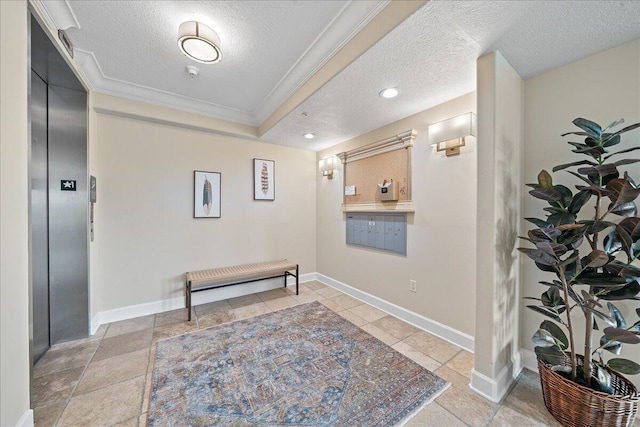 interior space with a textured ceiling, crown molding, and elevator