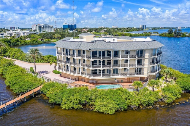 drone / aerial view featuring a water view