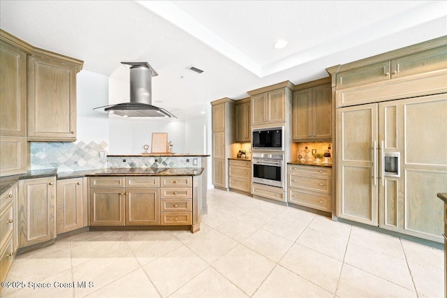 kitchen with light tile patterned floors, visible vents, island exhaust hood, black appliances, and backsplash