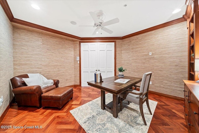 home office with ceiling fan and crown molding