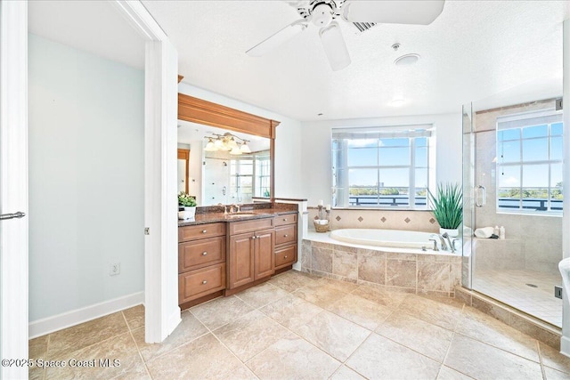 bathroom featuring a healthy amount of sunlight, a stall shower, a bath, and vanity