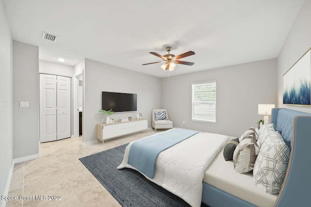 bedroom featuring ceiling fan and a closet