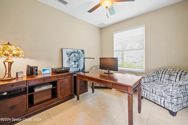 office area featuring light tile patterned floors and ceiling fan