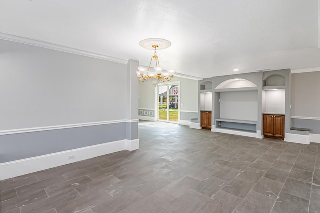 unfurnished living room with crown molding, tile patterned flooring, and a chandelier