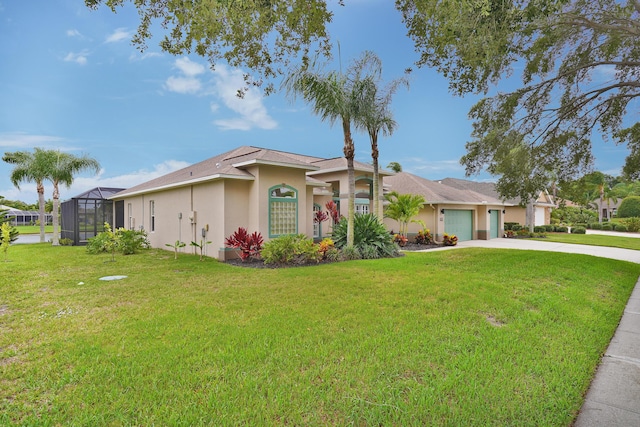 ranch-style house with a lanai and a front lawn