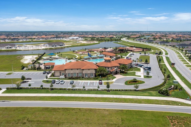 drone / aerial view with a water view