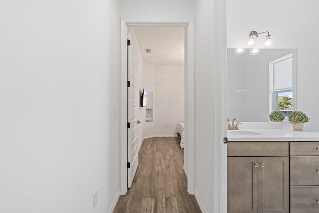 bathroom featuring hardwood / wood-style flooring and vanity