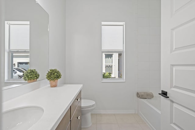 full bathroom featuring tile patterned floors, separate shower and tub, vanity, and toilet