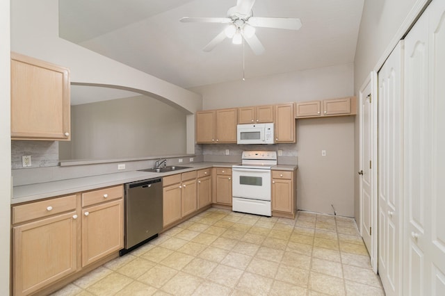 kitchen featuring white appliances, tasteful backsplash, ceiling fan, and light brown cabinetry