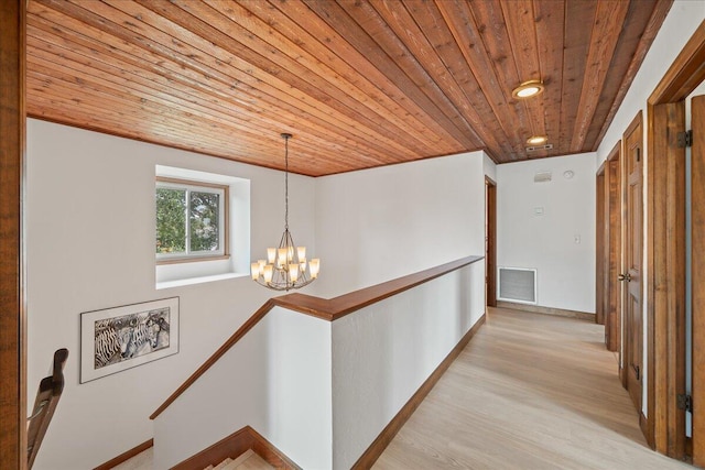 corridor featuring light hardwood / wood-style flooring, an inviting chandelier, and wooden ceiling