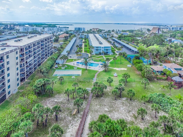 drone / aerial view with a water view