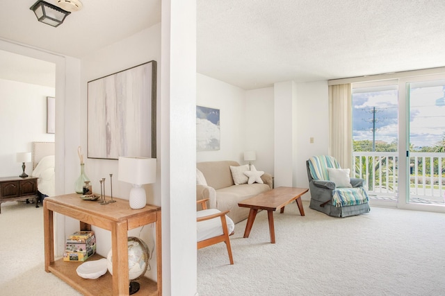 living room featuring carpet flooring, a wall of windows, and a textured ceiling