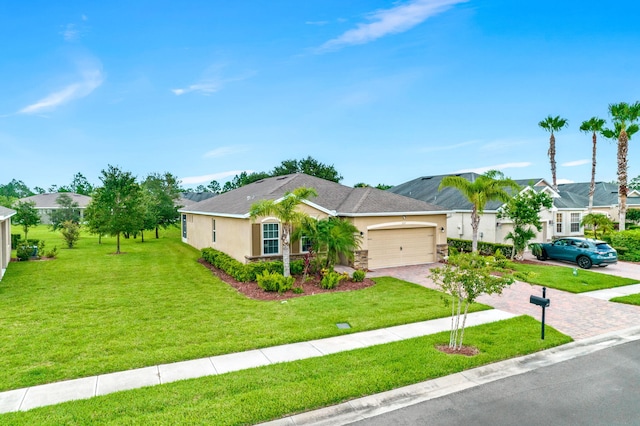 ranch-style house with a front yard and a garage