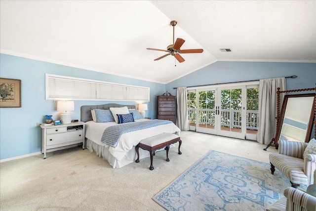 bedroom featuring access to exterior, ornamental molding, light colored carpet, vaulted ceiling, and ceiling fan