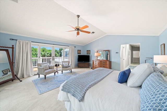 carpeted bedroom with ceiling fan, french doors, lofted ceiling, access to outside, and ornamental molding