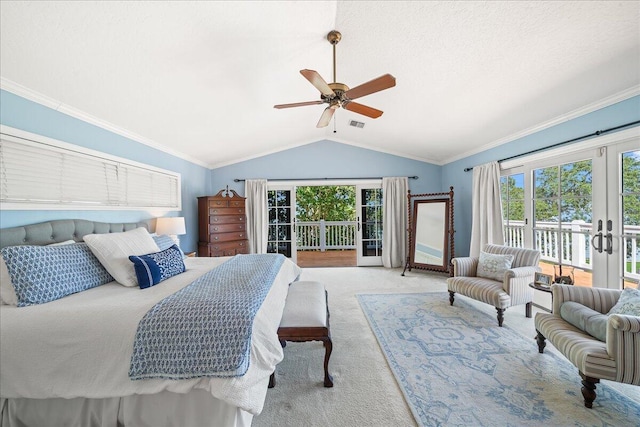 carpeted bedroom with access to exterior, ceiling fan, french doors, vaulted ceiling, and ornamental molding