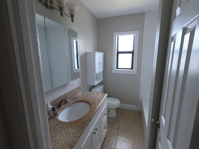 full bathroom featuring tile floors, tub / shower combination, toilet, and oversized vanity