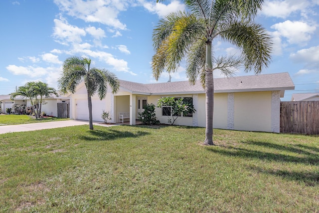 ranch-style home with a front lawn and a garage