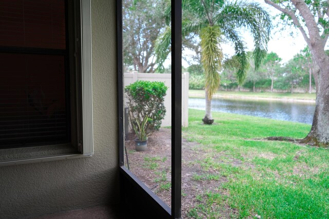 interior space with a water view