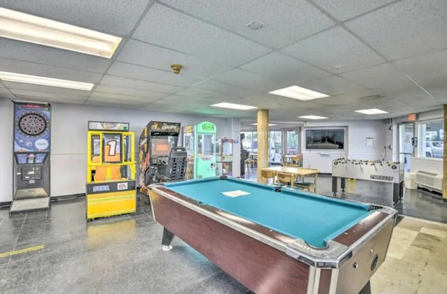 playroom with a drop ceiling and billiards