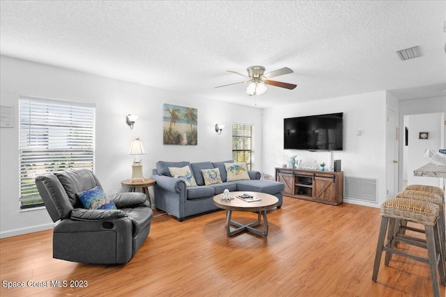 202 Monroe Ave, Cape Canaveral, FL 32920 - living room with a textured ceiling, light hardwood / wood-style flooring, and ceiling fan
