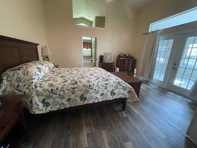 bedroom featuring french doors, access to outside, multiple windows, and wood-type flooring